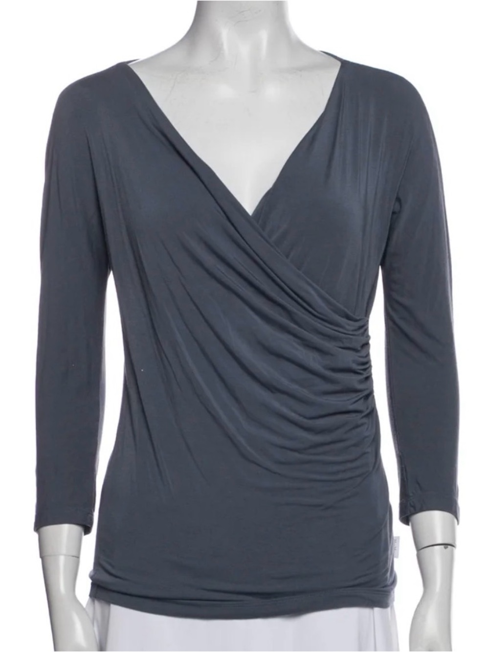 Max Mara Draped Faux Wrap Tunic Top Gray 3/4 Sleeve Ruched Designer Medium?